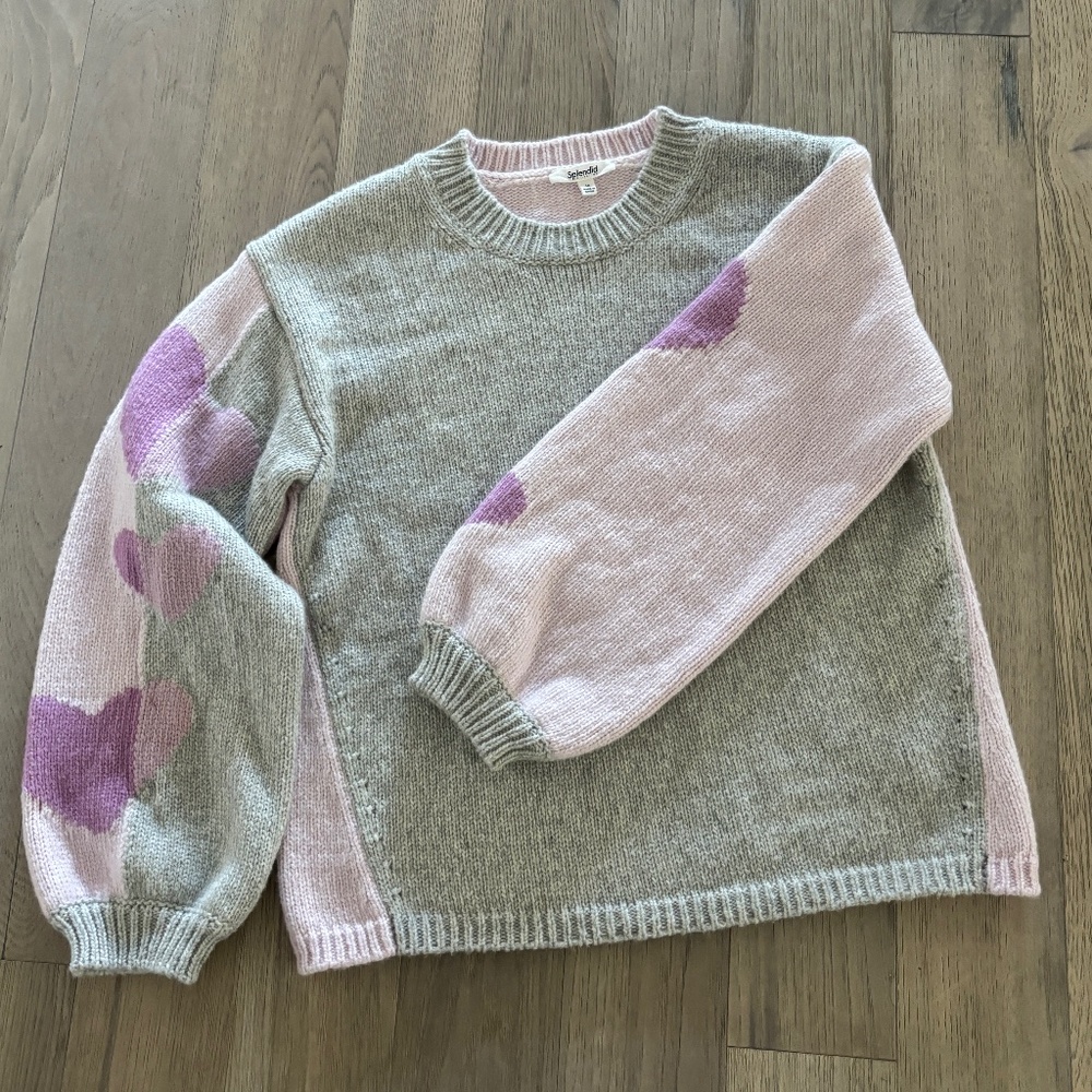 Splendid Coming & Going Heart Sweater - Heather Gray & Pink Size M - Picture 5 of 10
